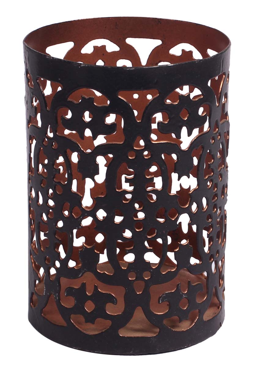 Handmade Round-Shaped Tea-Light Candle Holder in Iron - Black & Copper Color Finish - Symmetric Cut-Out Patterning - Metal Votive Candle Stands - Table-Top Decorations - Buy in Bulk Wholesale
